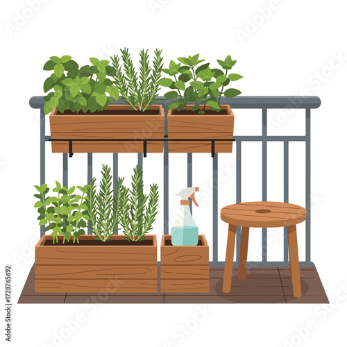 An inviting balcony herb garden with rosemary, basil, and mint in wooden boxes, promoting fresh, homegrown produce and a touch of green in city life