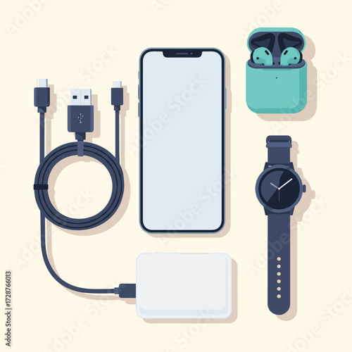 Flat lay arrangement of essential modern personal electronic devices and accessories for a connected lifestyle, including a smartphone, wireless earbuds, and wearable tech