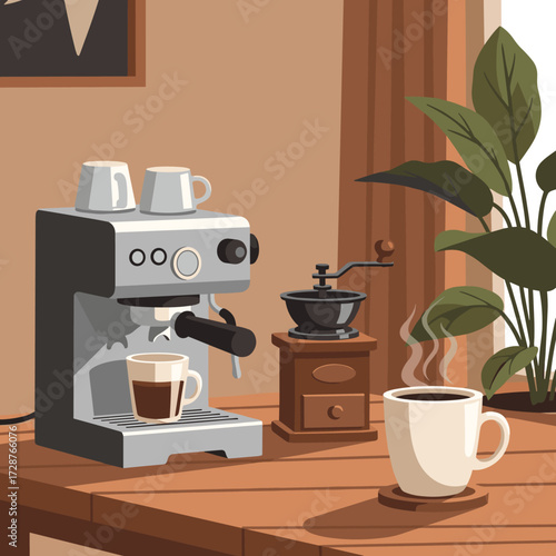 A warm and inviting illustration of a home coffee station featuring a coffee machine, grinder, and steaming cups on a wooden table, with a plant in the background, evoking comfort and morning rituals