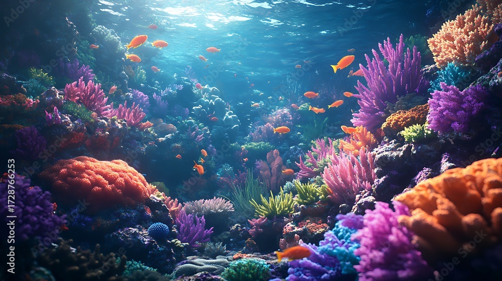 Obraz premium Explore vibrant coral reef teeming with life, showcasing colorful fish in clear waters