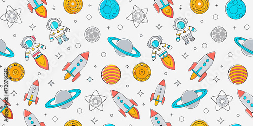Cute cartoon astronaut and rocket seamless pattern with planets and stars in space