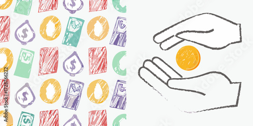 Hand drawn illustration of cupped hands holding a golden coin with a background pattern of colorful sketched money and financial symbols