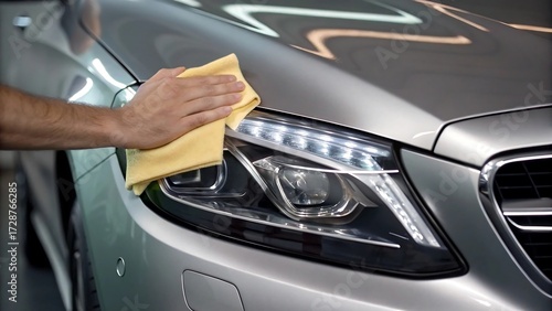 Hand cleaning silver car headlight with yellow microfiber cloth
