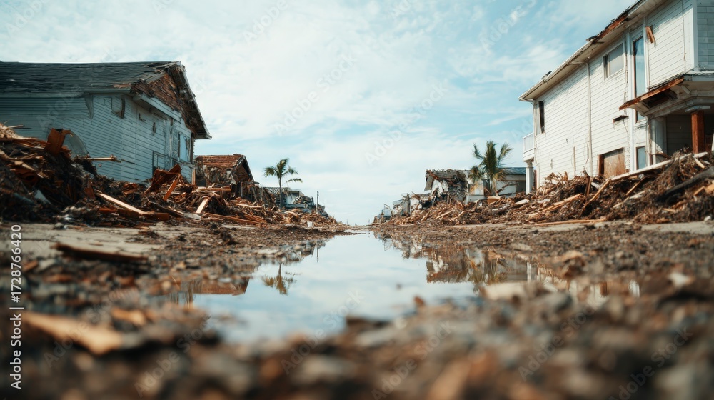 Fototapeta premium Aftermath of Tsunami with Debris and Flooded Streets in Coastal Area
