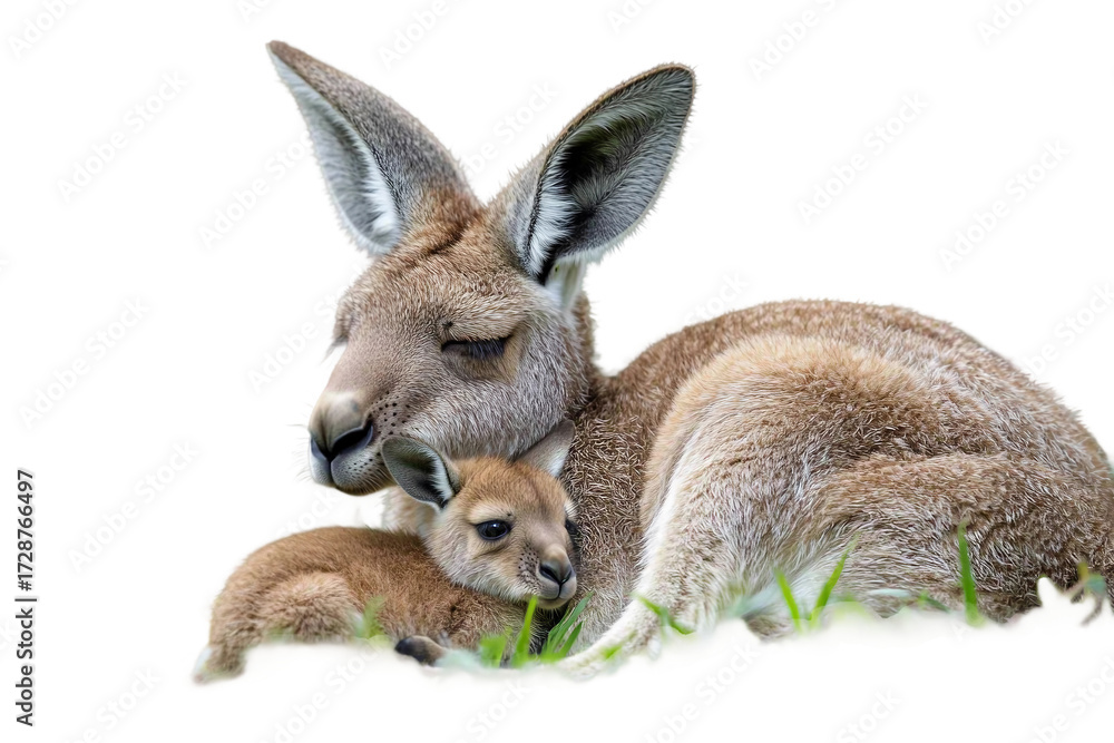 Fototapeta premium Cute Joey Sitting in Kangaroo Pouch Isolated on transparent background