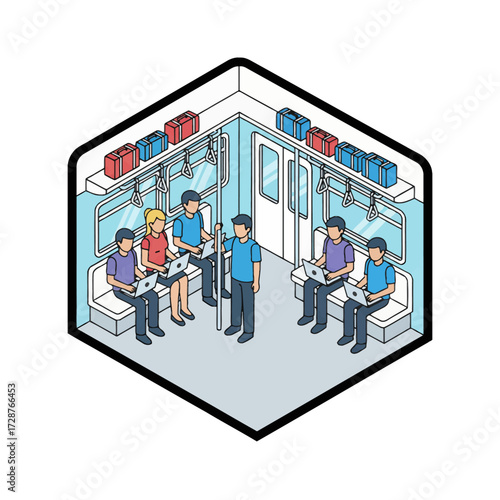 Inside a train carriage vector Flat modern illustration of passenger seating. Features a clean, thick outline. Scalable graphic ideal for rail travel, seat booking, and commute app interfaces.