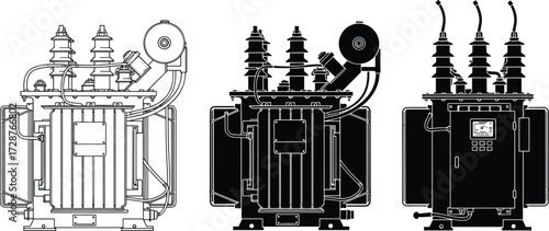 Silhouette vector of electrical transformers with detailed components for power distribution, engineering design, utility infrastructure, and energy system illustration