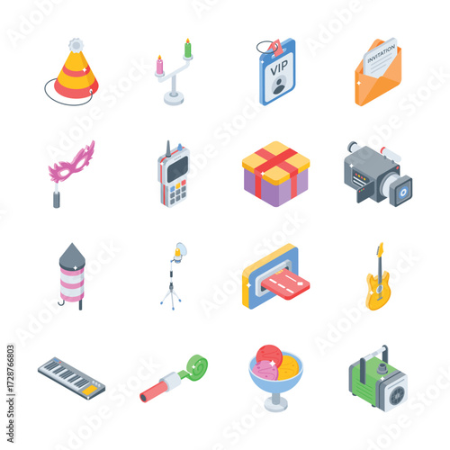 Look at this modern set of event management isometric style icons