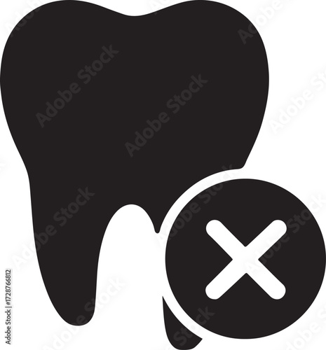 Silhouette of a tooth with cross mark icon, representing dental issues, care, or alerts.