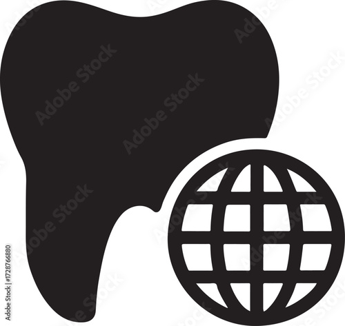 Silhouette of a tooth with globe icon, representing international dental care and global health.