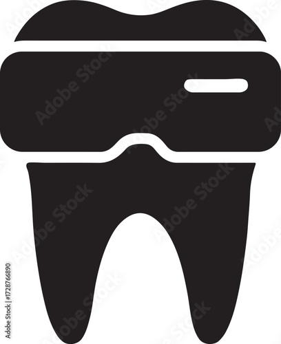 Silhouette of a tooth in VR headset icon, representing virtual reality in dental technology.