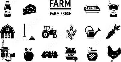 Farm fresh icons: dairy products and homestead essentials in silhouette design