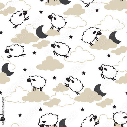 Sleepy Sheep and Starry Sky with Clouds Pattern. Perfect for sleep-themed designs, nursery textiles, kid pajamas, wallpapers, wrapping paper, and dreamy bedtime illustrations.