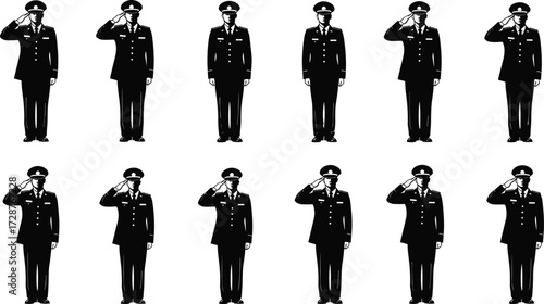 Silhouette vector of saluting military personnel in uniform, showcasing discipline, protocol, honor, respect, and ceremonial gesture in black design
