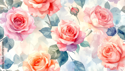 Soft pink rose pink rose watercolor flower rose bud green leaf floral pattern vintage style romantic mood seamless background