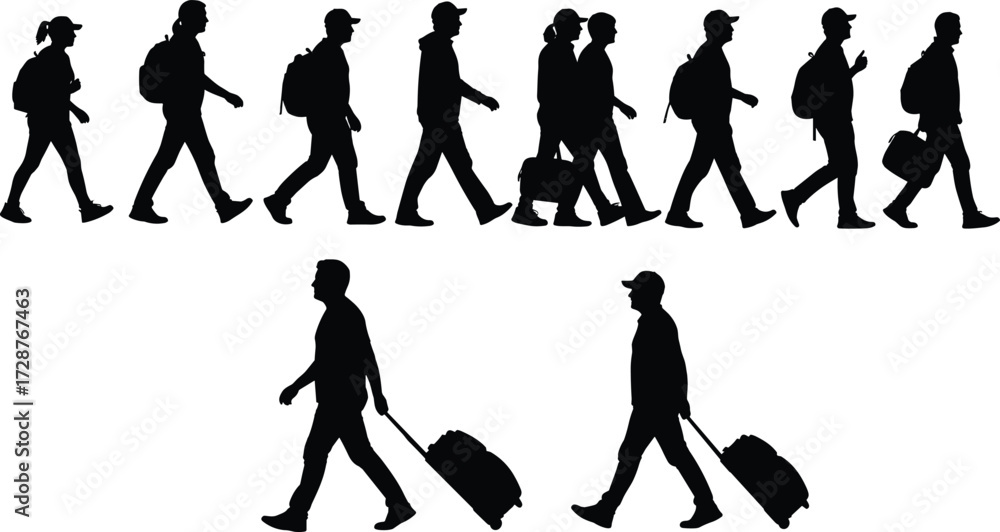 Fototapeta premium Silhouette vector of travelers walking with luggage, showcasing motion, journey, airport transit, commuting, and travel lifestyle in black design