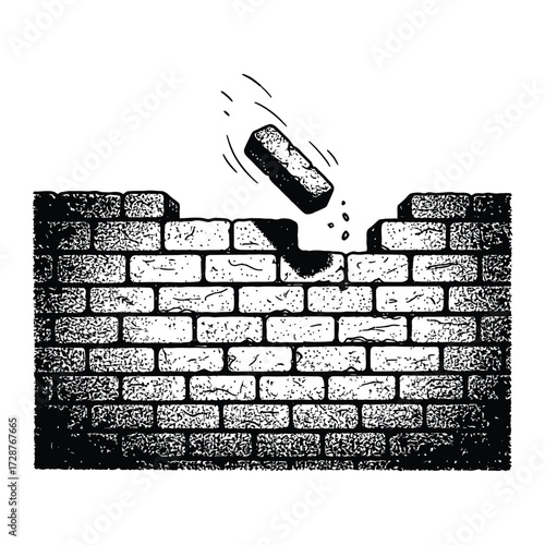 A brick falling out of a wall leaving a gap in the structure with a sketched style illustration