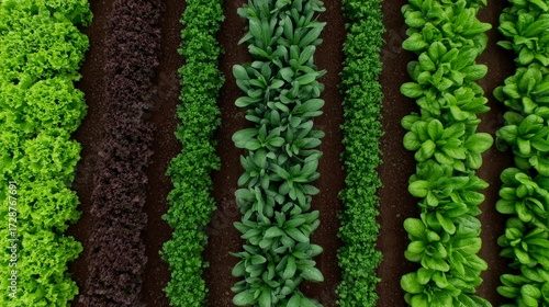 Aerial View of Vibrant Rows in a Flourishing Vegetable Garden with Fresh Greens and Healthy Soil