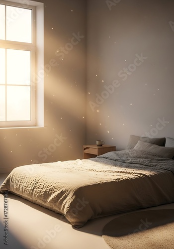 Cozy bedroom interior with light dusting through the window frame