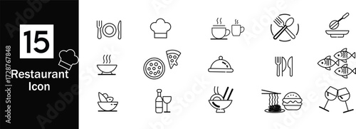 Restaurant and Food Line Icons Set – Dining, Drinks, Pizza, Noodles, and Kitchen Symbols