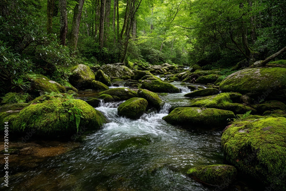Obraz premium Forest stream with moss covered rocks
