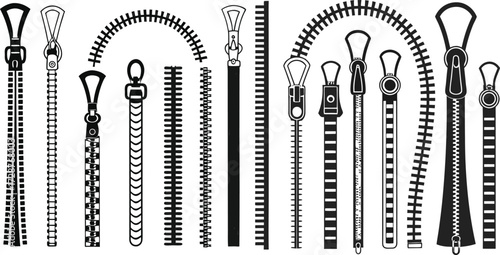Black Line Zipper Icons Set including Flat Clothing Fastener Fashion and Garment Symbol Collection with Minimal Zipper Icon Group for UI Web Tailoring Sewing Jacket Bag and Textile Design Projects
