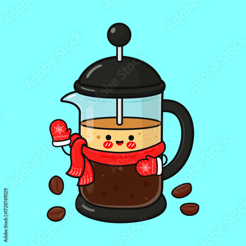 French press coffee brewer wearing winter scarf and mittens
