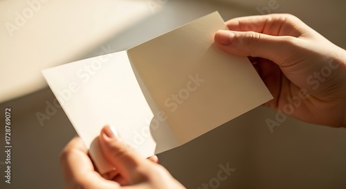 Hands gently opening a blank greeting card in the soft light space