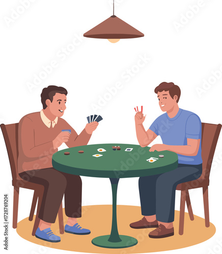 Poker, card, game, friends, table, chips, leisure, indoor, casual, play, strategy, fun, gesture, smile, competition, green, light, sitting, interaction, entertainment