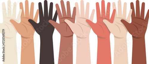 Raised hands, diversity, inclusion, unity, equality, multicultural, skin tones, community, support, solidarity, human rights, activism, social justice, empowerment, togetherness,