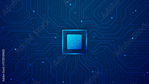 CPU with motherboard or circuit with electronic components, artificial intelligent cloud processing unit in blue background template 