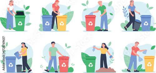 Recycling activity, waste sorting, eco-friendly behavior, sustainability, environmental awareness, color-coded bins, responsible disposal, green lifestyle, flat 