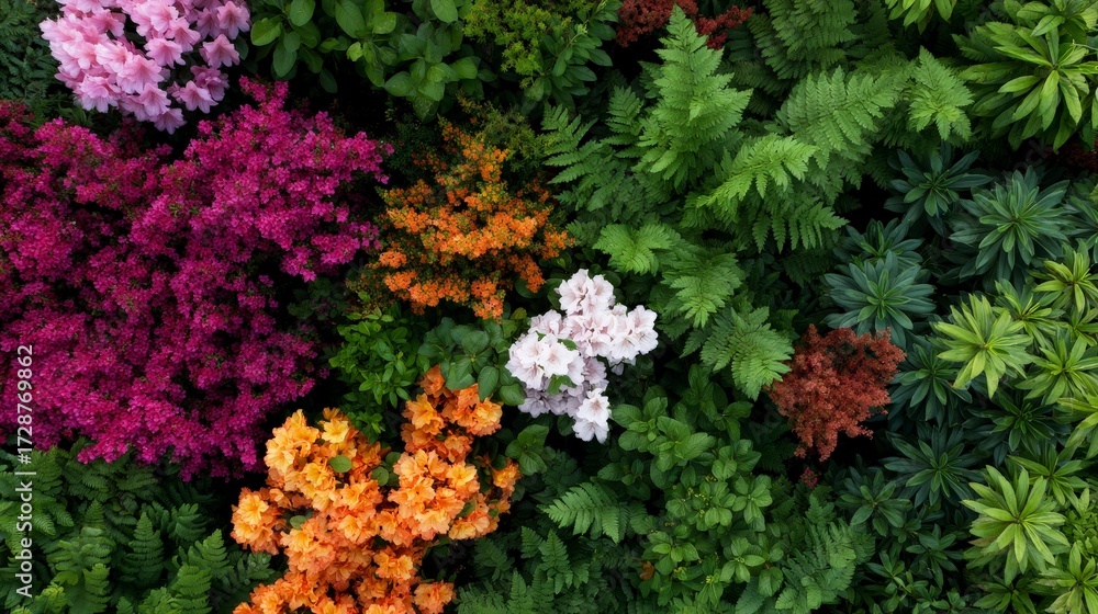 Obraz premium Aerial View of a Vibrant Blooming Garden Full of Colorful Flowers and Lush Green Foliage