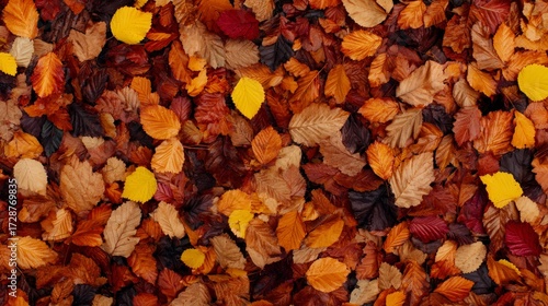 Top View of Colorful Autumn Leaves in a Forest Setting with a Rich Palette of Warm Earth Tones