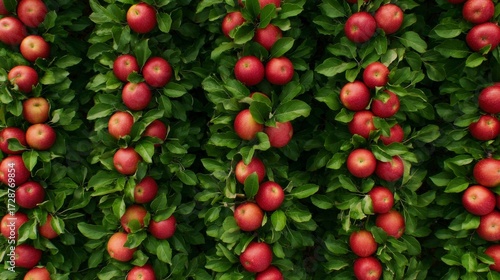 Aerial View of Lush Apple Orchard with Rows of Fruiting Apple Trees and Vibrant Red Apples