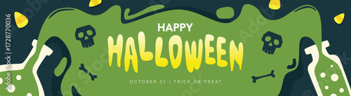 Happy Halloween Banner with Skulls and Potions. Ideal for party invitations, seasonal ads, online shops, flyers, and digital promotions.