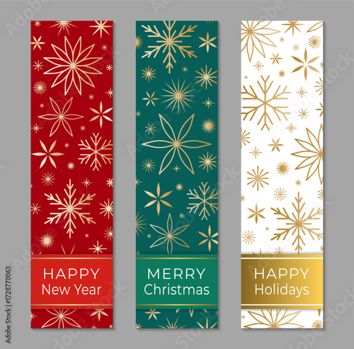Merry Christmas, Happy holidays, New Year colorful vertical banner templates. Elegant chic line art snowflake, stars ornate pattern design. Red, green, white and gold colored EPS 10 vector backgrounds