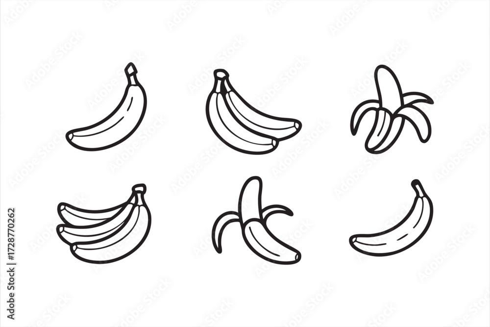 Obraz premium Fresh banana fruit doodle vector set with peeled and tropical bunches outline illustration