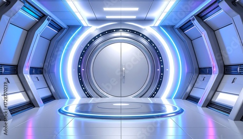 Futuristic, spacious hallway with a large circular door