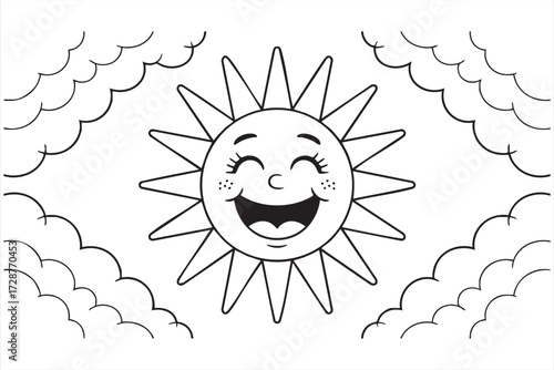 Cute smiling sun surrounded by clouds outline illustration for playful coloring page design