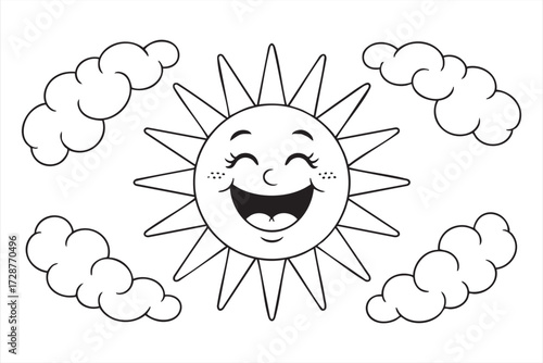 Cartoon sunshine with happy face vector drawing for fun kids coloring book and educational concept