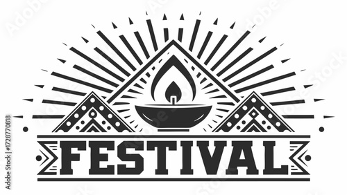 Illustration of a festival design with a central flame, geometric patterns, and radiating lines in black and white