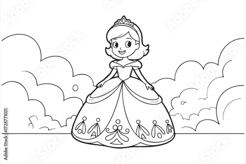 Kids coloring page of princess with tiara and gown outline illustration for fun and fantasy activity