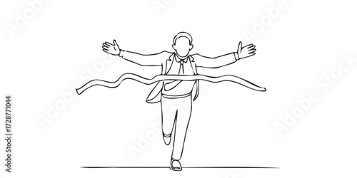 Single continuous line drawing of a businessman crossing the finish line with open arms, symbolizing success, victory, and achievement, determination, and winning concept.