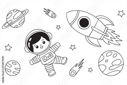 Fun space coloring page vector with astronaut, rocket, moon, and cosmic elements for children’s activity book