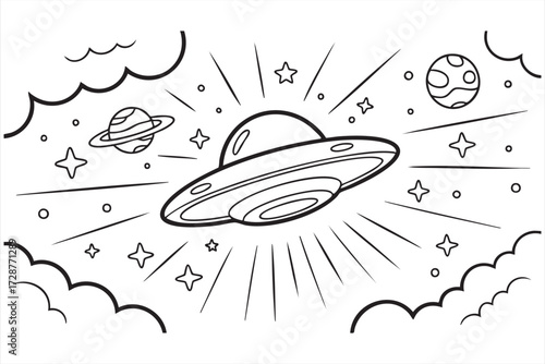 Cartoon alien spaceship flying saucer with cosmic beam illustration for kids education and sci-fi concept
