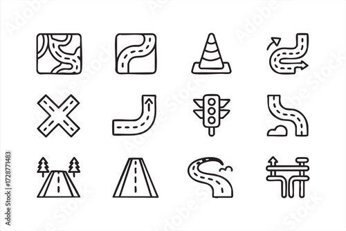 Highway and driving icons vector set with navigation map, lane, and traffic light outline illustration