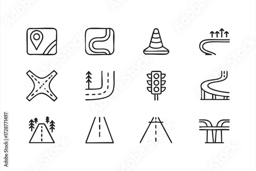 Road and navigation icons set with map pin, highway, traffic light, and intersection outline vector illustration