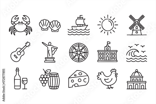 Mediterranean culture symbols vector set with Spanish wine, cheese, grapes, and seafood outline art