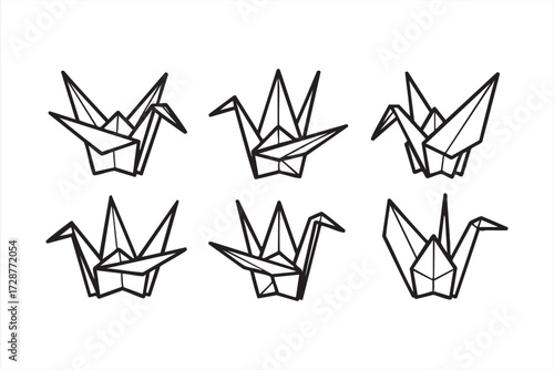 Japanese origami vector pack with folded crane birds outline illustration for cultural design